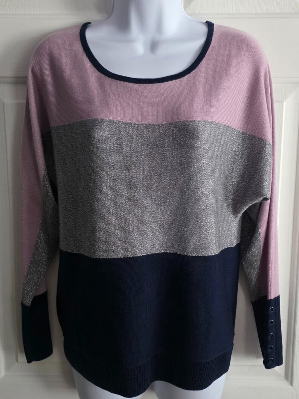 New York & Company Womens Sweater Laced Sleeve accent Navy Lilac Silver XS
